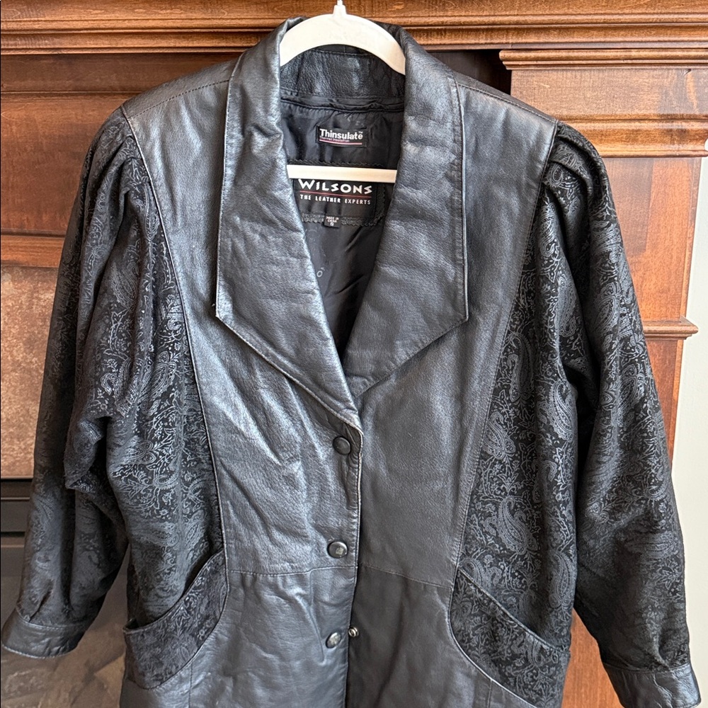 Wilson black leather jacket paisley burnout 80s 90s Whimsigoth dark romantic S - Picture 2 of 16